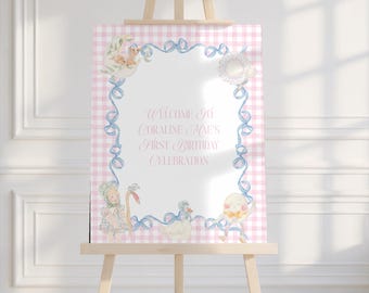 Hey Diddle Diddle Mother Goose Welcome Sign, Pink GIngham Nursery Rymes, Custom Editable Printable Digital, Hand-drawn Artwork