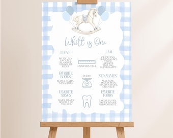 Rocking Horse First Birthday Milestone Sign, Classic Cake Party, Blue Gingham, Grandmillennial, Hand-painted Digital Printable