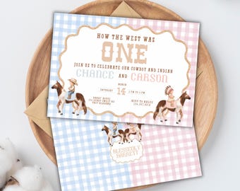 How the West was ONE Birthday Invitation for TWINS, Boy Girl Cowboy Indian Pow Wow, Western Style, Sibling Party, Custom Editable Template