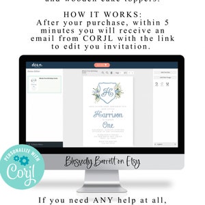 May include: A computer screen displaying a blue and white first birthday invitation template with the text "Harrison is turning One" and a baseball-themed design. The invitation is being edited using the CORJL online design platform. The text "Blessedly Barrett on Etsy" is visible at the bottom of the screen.