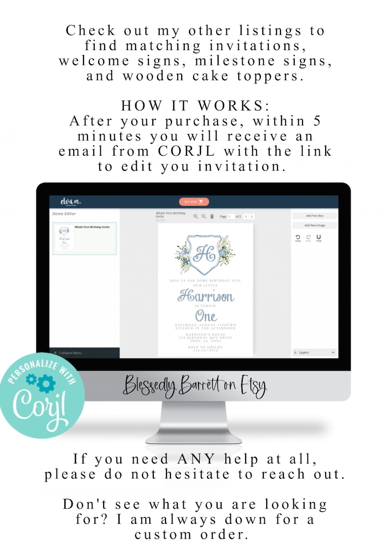 May include: A computer screen displaying a blue and white first birthday invitation template with the text "Harrison is turning One" and a baseball-themed design. The invitation is being edited using the CORJL online design platform. The text "Blessedly Barrett on Etsy" is visible at the bottom of the screen.