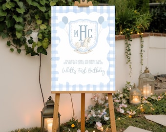 Rocking Horse First Birthday Welcome Sign, Classic Cake Party, Blue Gingham, Grandmillennial, Hand-painted Digital Printable