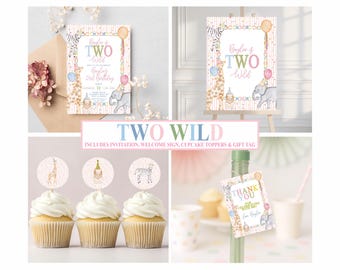 Pink Party Animal Birthday Cupcake Toppers, Classic Preppy Two Wild, Wild One, Custom Editable Template, Digital Party Bundle, Girly Preppy