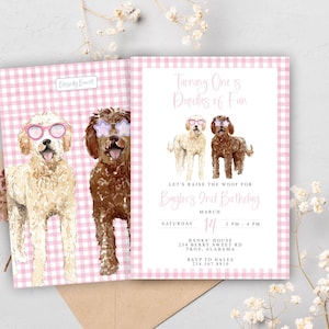 Op de afbeelding: Een set roze geruite verjaardagsuitnodigingen. De uitnodigingen bevatten aquarel illustraties van twee honden met een bril. De tekst luidt "Turning One & Doodles of Fun" en bevat evenementdetails.