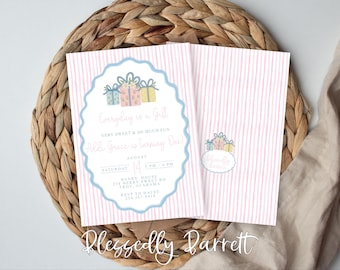 Grandmillennial Every day is a Gift Birthday Invite, Pink Ribbon, Scallop, bonnet, Flower Gifts, One Special Gift, First Birthday, Printable