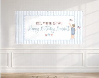Patriotic Boy Birthday Banner, Hand-drawn artwork Printed on Paper Banner Birthday Decor, One All American Boy, Red White Two