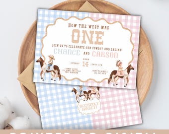 How the West Was One for Twins, Printed Invitations onHigh Quality linen, Includes Envelopes, Western, Cowboys and Indians, Sibling Party