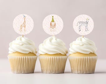 Girly Pink Safari Parade Animal Birthday Decor, Printable Editable Cupcake Toppers, Wild One First Birthday Party, Classic Zoo Theme