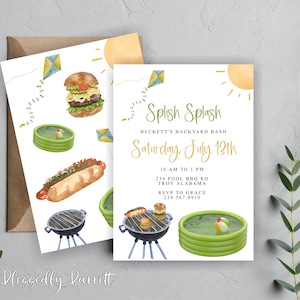 May include: A white invitation card with a watercolor illustration of a sun, a grill, a hot dog, a hamburger, a pool, and kites. The text on the card reads "Splish Splash Beckett's Backyard Bash Saturday, July 13th 10 AM to 1 PM 234 Pool BBQ Rd Troy Alabama RSVP to Grace 234.567.8910"