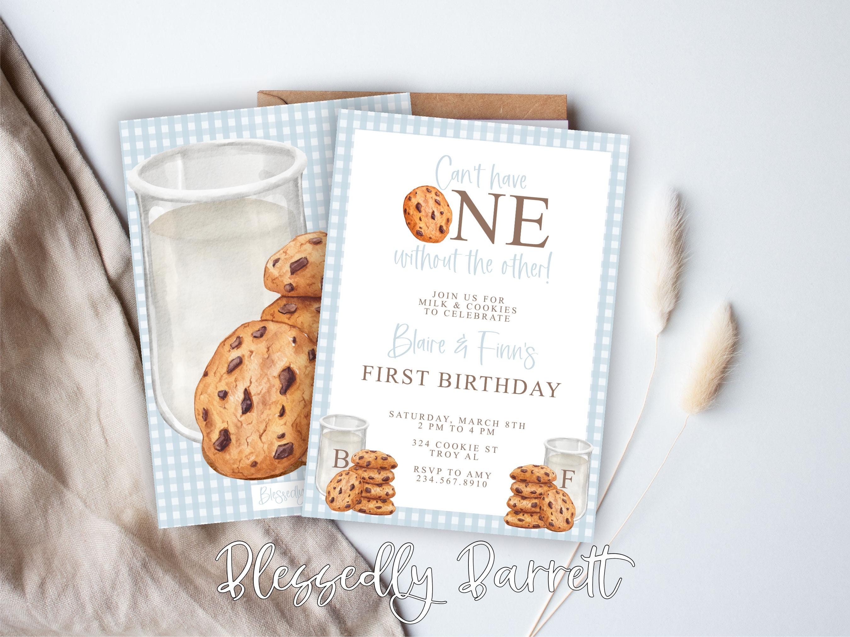 TWINS First Birthday Invitation With Milk and Cookies, Sweet One