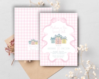 Grandmillennial Every day is a Gift Birthday Invite, Pink Ribbon, gingham, bonnet, Flower Gifts, One Special Gift, First Birthday, Printable