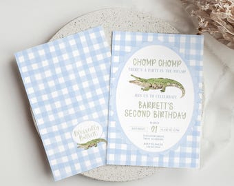 Custom-Designed Alligator Birthday Invitations, Crocodile Invitation, Chomp Chomp Party in the swamp, Blue Green Gingham, Boy