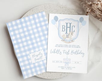 Rocking Horse First Birthday Invitation, Classic Cake Party, Blue Gingham, Grandmillennial, Hand-painted Digital Printable