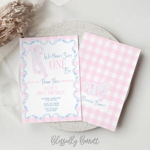 May include: A pink and white gingham pajama party invitation with a blue wavy border. The invitation reads "We Haven't Slept One Bit" and includes party details for Allie's First Birthday. The back of the invitation has a pink and white gingham pattern.