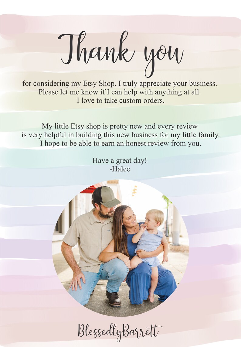 May include: A family of three, a man, a woman, and a young child, are smiling and looking at the camera. They are standing in front of a building with a red awning. The image is surrounded by a colorful watercolor background with the text "Thank you" and "Blessedly Barrett".