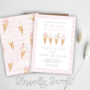 Puede incluir: Una invitación a rayas rosa y blancas con una ilustración de acuarela de conos de helado. El texto dice "1 Scream, You Scream, We All Scream For Ice Cream!" y "Chrislee is Four!" con la fecha y la hora de la fiesta.