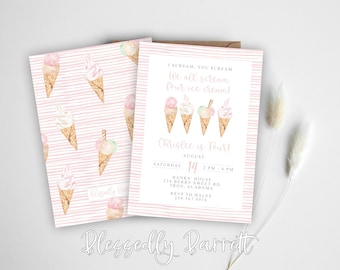 May include: A pink and white striped invitation with a watercolour illustration of ice cream cones. The text reads "1 Scream, You Scream, We All Scream For Ice Cream!" and "Chrislee is Four!" with the date and time of the party.