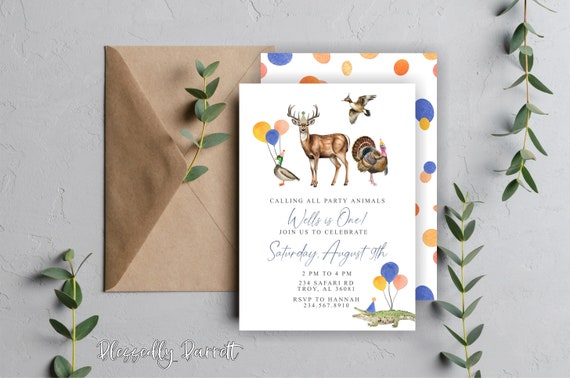 Calling All Party Animals Birthday Invitation | One Lucky Duck | Deer | Big One | Whitetail | Mallard | Turkey | Pheasant | Southern Game