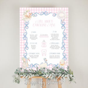 Pode incluir: Um poster personalizado de estatísticas do bebé numa tela de madeira. O poster apresenta um fundo rosa e branco xadrez com detalhes de fita azul e ilustrações florais. O texto inclui o nome do bebé, medidas e coisas favoritas.