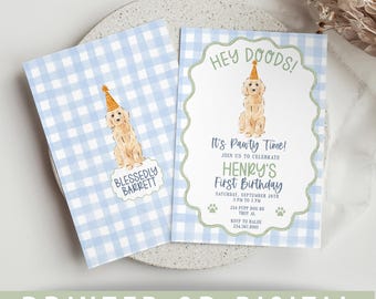 Hey Doods Invitation, Sage Green and Blue, Golden Boy Invite, Dog Party, Printed or Digital, Custom hand-painted art, Blue Gingham