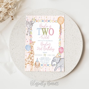 May include: A watercolor invitation for a second birthday party. The invitation features a zebra, giraffe, lion, and elephant, all wearing party hats. The text reads "Baylee is TWO Wild" and includes party details.