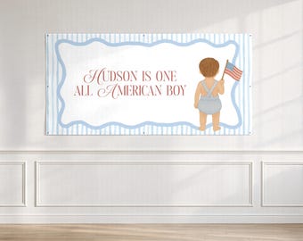Patriotic Birthday Paper Banner, Boy, One All American Boy, Red, White & Two, Printed Paper Party Decor