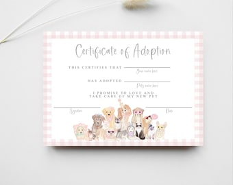 Puede incluir: Un "Certificado de Adopción" con un patrón de cuadros rosas y blancos, con espacio para rellenar detalles. El certificado presenta una ilustración de acuarela de varias razas de perros. El texto dice "Prometo amar y cuidar a mi nueva mascota."