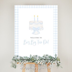 DOS Signo de bienvenida de cumpleaños de Gingham azul / Minimalista / Cumpleaños / 2o cumpleaños / Invitación de bebé / Imprimible