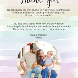 May include: A family of three, a man, a woman, and a young child, are smiling and looking at the camera. They are standing in front of a building with a red roof. The image is surrounded by a pink and blue watercolor background. The text "Thank you" is at the top of the image. The text "Blessedly Barrett" is at the bottom of the image.
