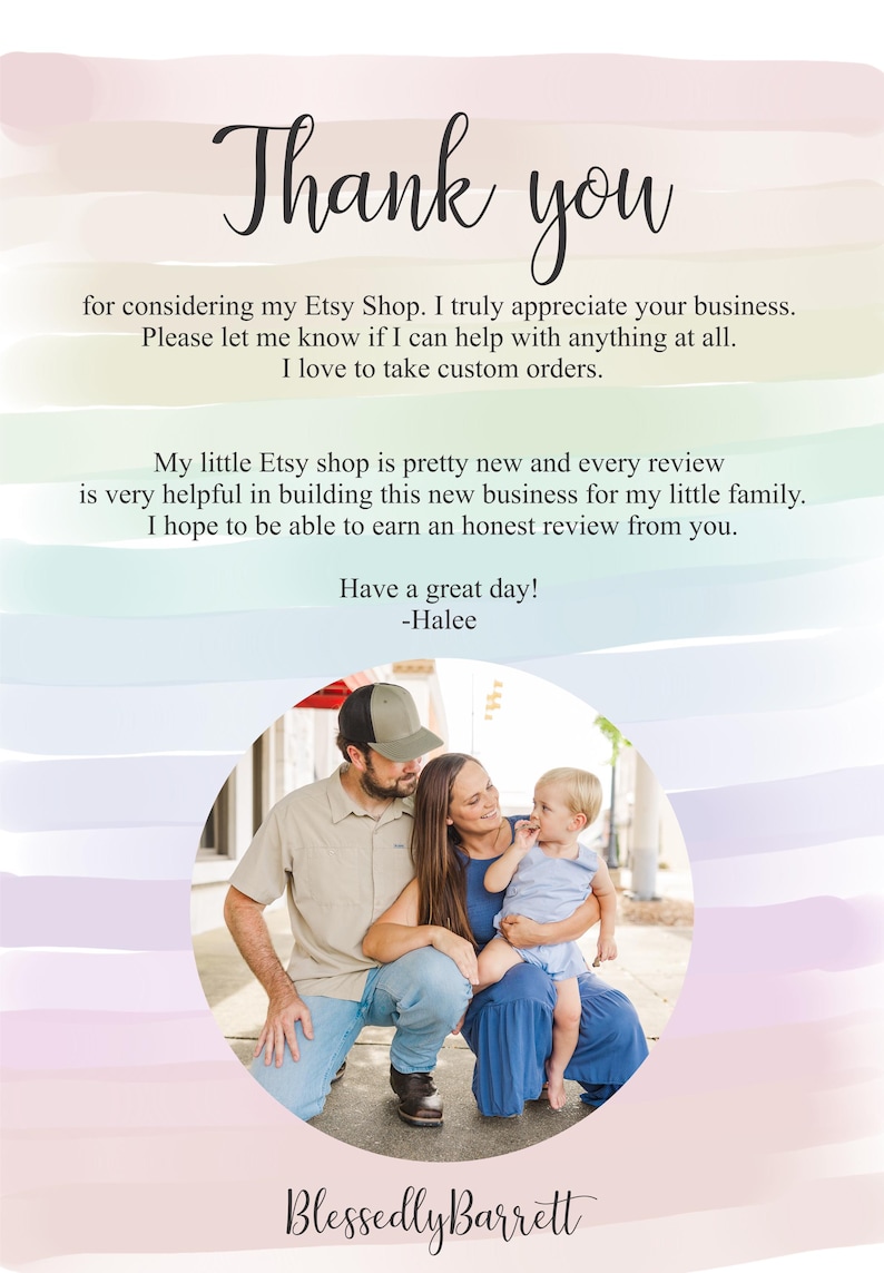 May include: A family of three, a man, a woman, and a young child, are smiling and looking at the camera. They are standing in front of a building with a red roof. The image is surrounded by a pink and blue watercolor background. The text "Thank you" is at the top of the image. The text "Blessedly Barrett" is at the bottom of the image.