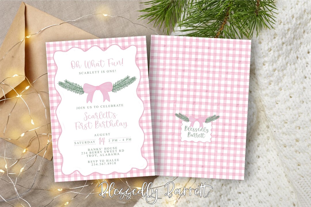 Pink Gingham First Birthday Invitation: Christmas Nutcracker Party ...