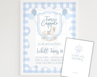 Rocking Horse First Birthday Time Capsule with letters, Classic Cake Party, Blue Gingham, Grandmillennial, Hand-painted Digital Printable