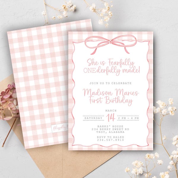 She is fearfully & wonderfully made invitation | Coquette Bow | First Birthday | Watercolor | ONEderfully Made | Classic Grandmillenial