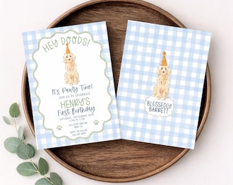 Hey Doods Invitation, Golden Doodle, One Golden Year, Digital Download, Custom Design Editable Template, Hand-painted artwork, Sage & Blue