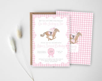 May include: A birthday invitation with a watercolor illustration of a horse and jockey in pink and brown tones. The invitation includes the text "Asher's Second Birthday" and other event details. A matching pink gingham card is also present.