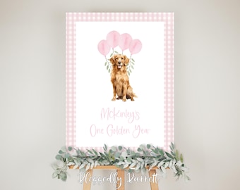 One Golden Year BIRTHDAY 18x24 Sign | Golden Retriever | Dog | Golden Girl | Pawty | Golden Doodle | Come Sit Stay | Pink Grandmillennial