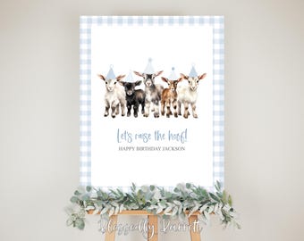 May include: A blue and white gingham background with a white card featuring five goats wearing party hats. The card says "Let's raise the hoof! Happy Birthday Jackson".