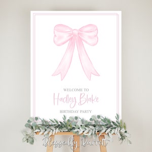 Girly BIRTHDAY Grand Millennial Welcome Sign | Pink Gingham | First Birthday | Watercolor | Bow | Ribbon | Sweet Girl party | Classic