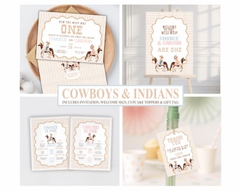 How the West was ONE Birthday Bundle for TWINS, Boy Girl Cowboy Indian Pow Wow, Western Style, Sibling Theme, Custom Editable Template
