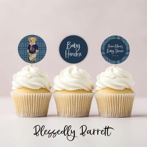 Adornos para cupcakes de oso vintage para baby shower / Oso clásico / Ralph Lauren / Oso Polo / Café / Invitación imprimible Grandmillennial a cuadros