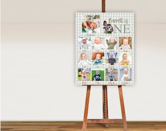 Letrero de hito de cumpleaños con foto de nuestro pequeño pavo, cuadros verdes, temática de caza, El Grande, plantilla digital imprimible y editable personalizada.