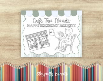 Pode incluir: Desenho a traço em preto e branco de um cartão de aniversário com o texto "Cafe Two Monde Happy Birthday Barrett". O cartão apresenta uma cena de café com uma pessoa sentada a uma mesa e uma loja.