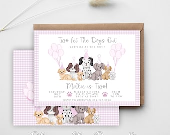May include: A pink and white gingham patterned invitation with a white border. The invitation features a cartoon illustration of a group of dogs wearing party hats and holding balloons. The text reads "Two Let The Dogs Out Let's Raise The Woof" and "Millie is Two!" with details about the party.
