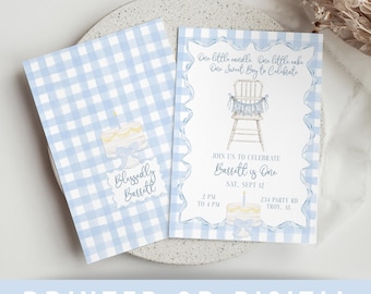One Little Candle One Little Cake Invite, Blue Gingham Classic Boy First Birthday, Printed or Digital, Custom hand-painted art Invitation