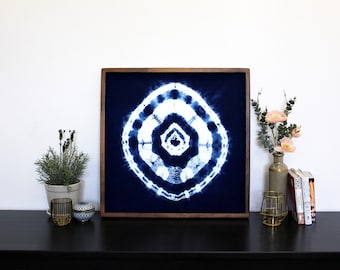 Origami& Kumo Japanese Shibori Wall Hanging | Indigo Hand Dyed Textile Art in Crafted Reclaimed Hardwood Frame | One of a Kind Wall Art