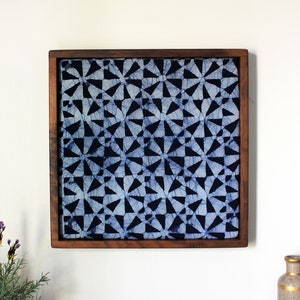 Hand Carved Wood Block Stamp | Natural Indigo Wall Hanging | Hand Dyed Textile Art in Crafted Reclaimed Hardwood Frame | One of a Kind Art