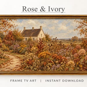 May include: A rectangular framed landscape painting titled Rose & Ivory featuring a cottage surrounded by autumn foliage, a winding path covered in fallen leaves, and a vibrant garden with orange, yellow, and purple flowers under a cloudy sky.