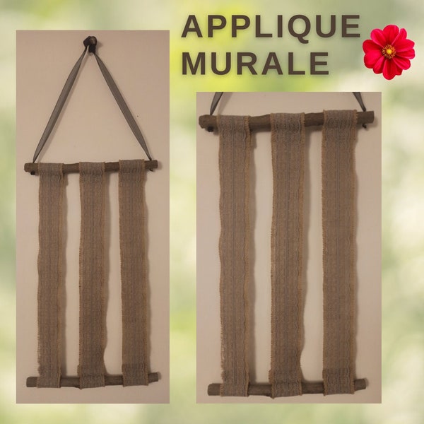 Applique murale à suspendre; Faite Main, bois, toile de jute et dentelle