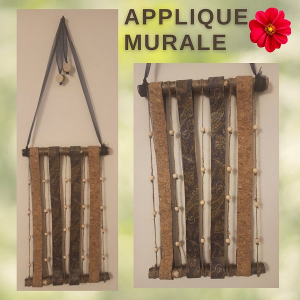 Applique murale à suspendre; Faite Main, bois, perles,  ficelle et ruban. Design rustique et contemporain.