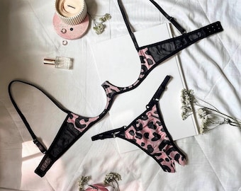 Handmade Pink Leopard Mesh Lingerie Set - Sheer Cupless Bra and Thong Panties - Wild Animal Print 2-Piece Ensemble - Romantic Gift for Her